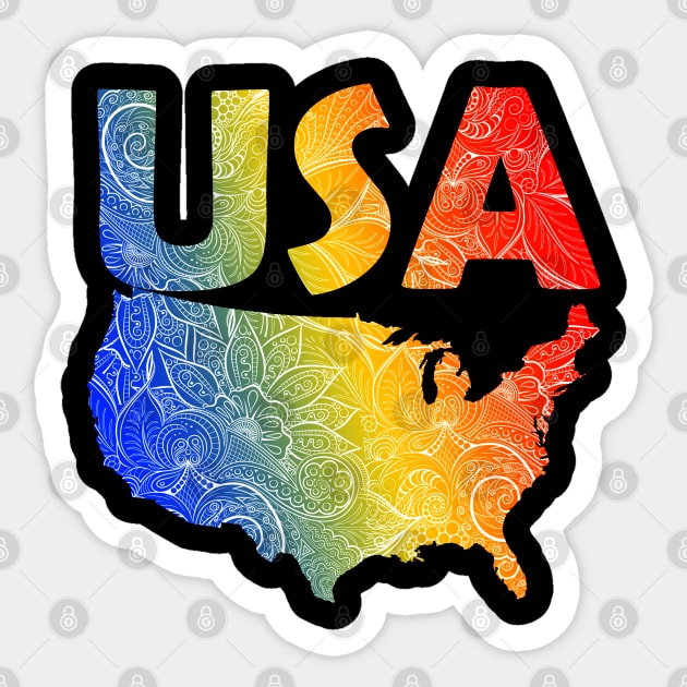 Colorful mandala art map of the United States of America with text in blue, yellow, and red Sticker by Happy Citizen